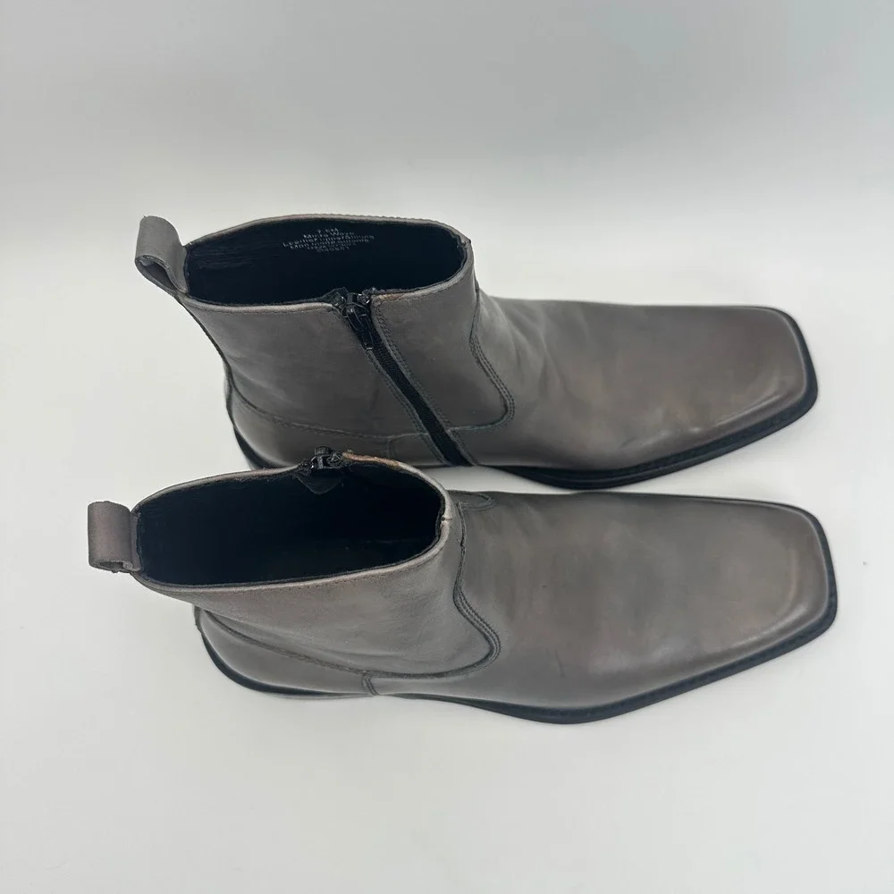 Kenneth Cole New York Micro Wave Gray Leather Side Zip Ankle Boots Mens 7.5M